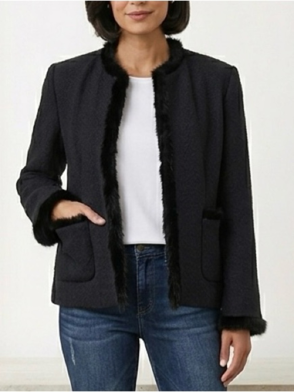 W.D.N.Y. Women's Vintage Black Tweed Faux-Fur Trim Silk Jacket - 6